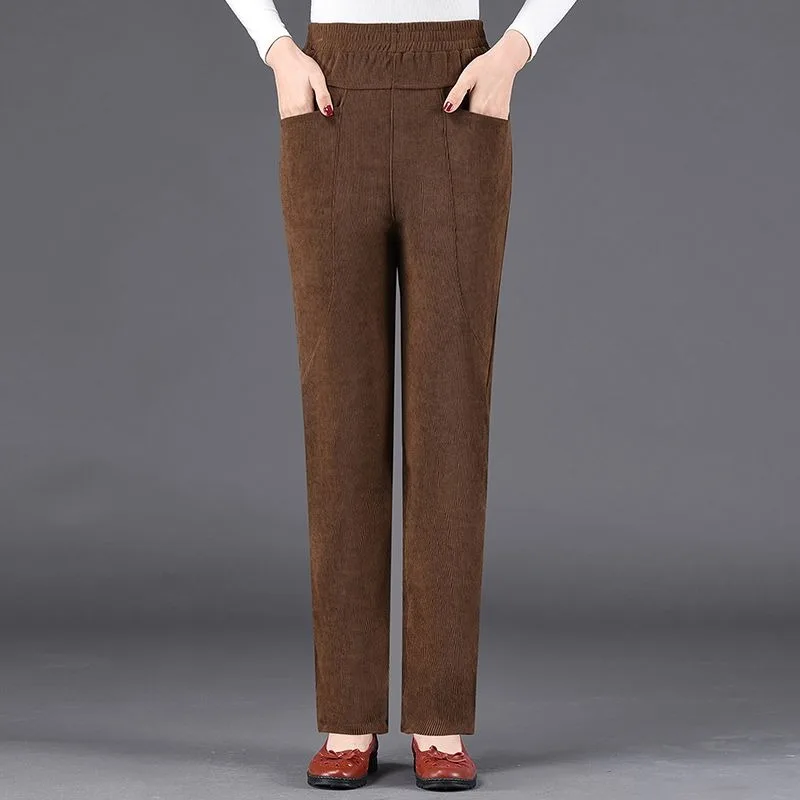 

Autumn Winter New Corduroy Straight Pants Women Elastic Waist Solid Pocket Loose Casual Korean Warm Middle-aged Radish Trousers