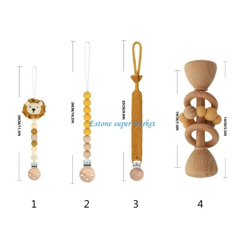 090B 7Pcs Baby Pacifier Chain Crochet-doll Raffle-Bell Pacifier Clip Teething Circle Set with Baby Blanket & Drooling Bib