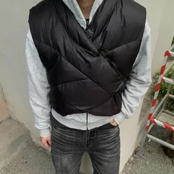Irregular Padded Men's Vest Casual Loose Fit V-neck Buckle Solid Short Cardigan High Street Clean Fit Vibe Style Cotton Clothes
