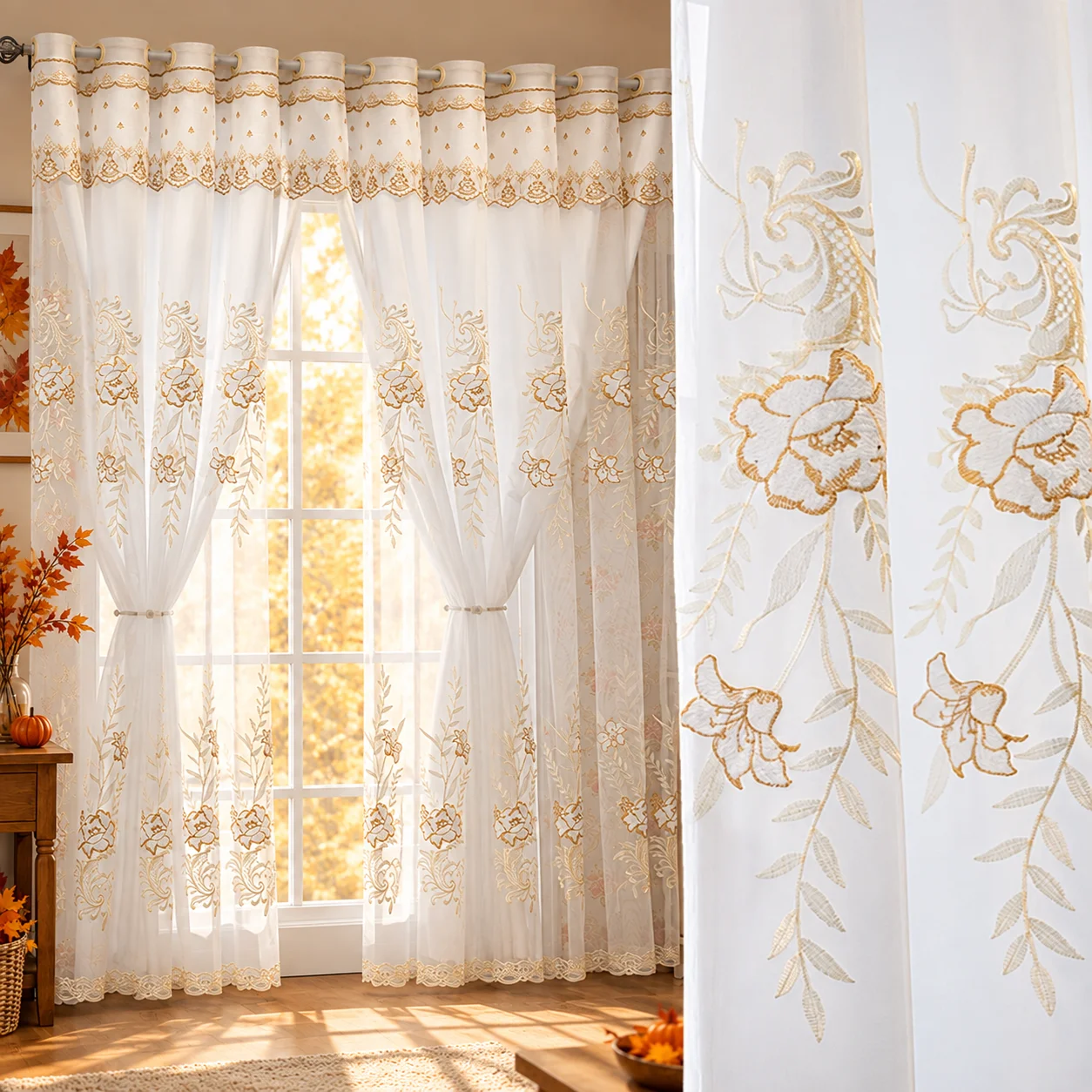 2 Panels Double Layer Luxury Embroidered Curtain, Light Blocking Sheer & Blackout Drape, Elegant Atmosphere Decor for Bedroom Living Room