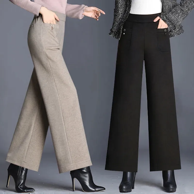 

Woolen Wide-leg Pants Women's Autumn Winter New High-waisted Thickened Draping Straight Leg Long Pants Female Baggy Trousers 4XL