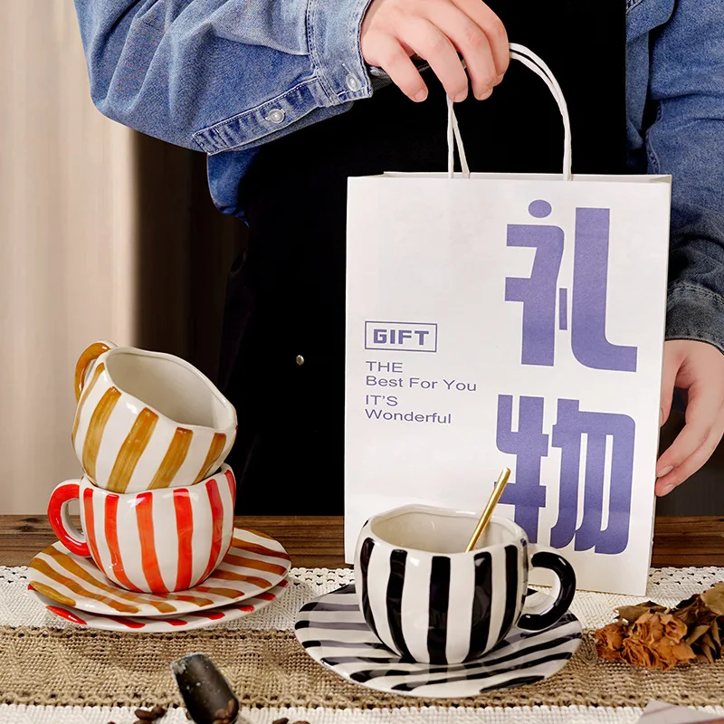 Nordic Retro Hand Painted Ceramic Mug & Saucer Set, Irregular Coffee Cup with Tray, 360ml Unique Gift for Birthday Party, Home