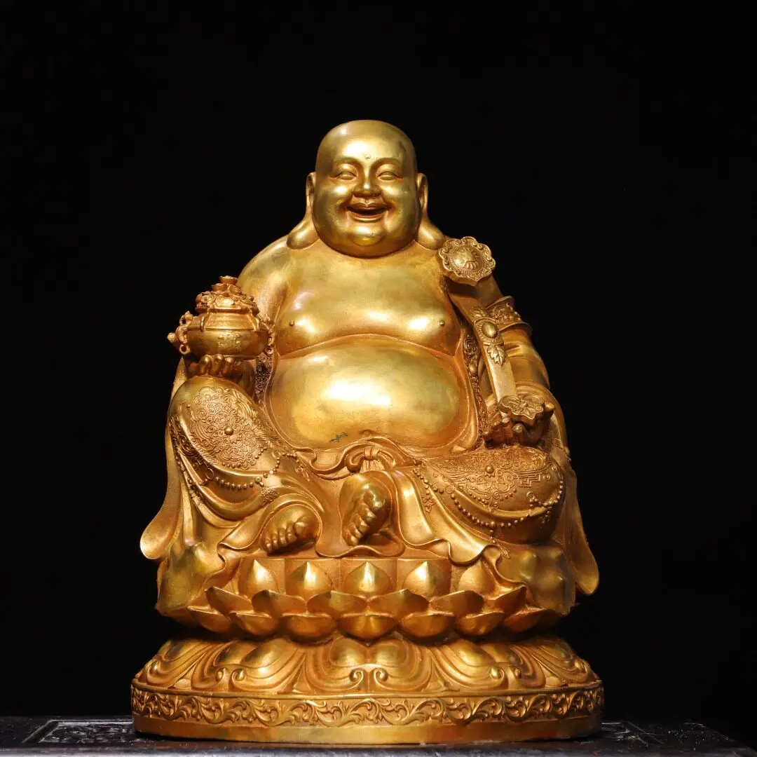 Handmade Brass Gold Plated Vintage Maitreya Buddha Sitting On Lotus Statue Home Altar Decoration Gift