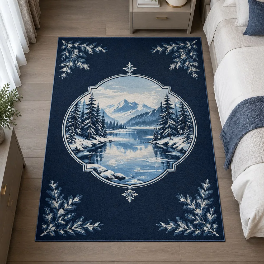 VIKAMA Rug Carpet Navy Frozen Lake Shore Winter Modern Stain Resistant Home Office Study Sitting Room Fireplace Home Decor
