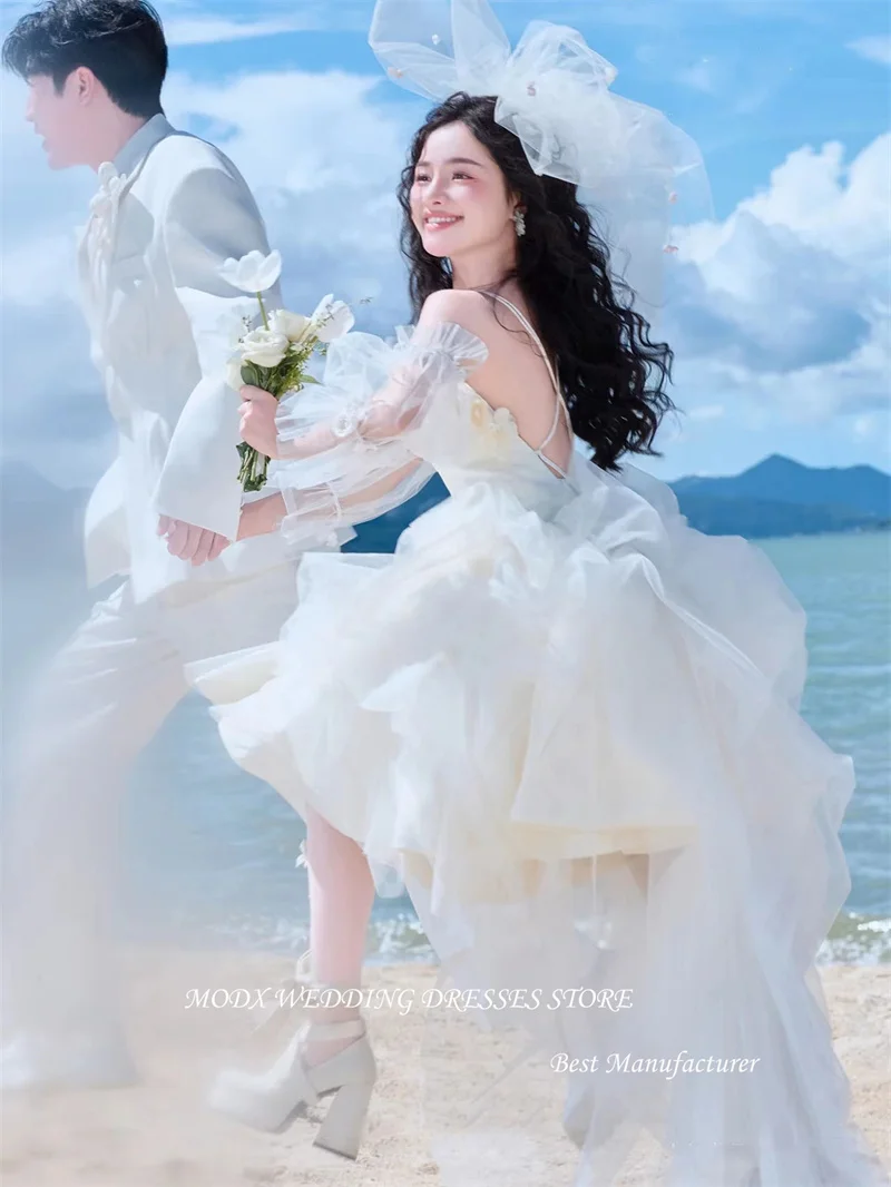 MODX الأميرة فساتين زفاف قصيرة كوريا التقطت الصور السباغيتي الأشرطة الحبيب رقيق زي العرائس نفخة الأكمام فستان عروس