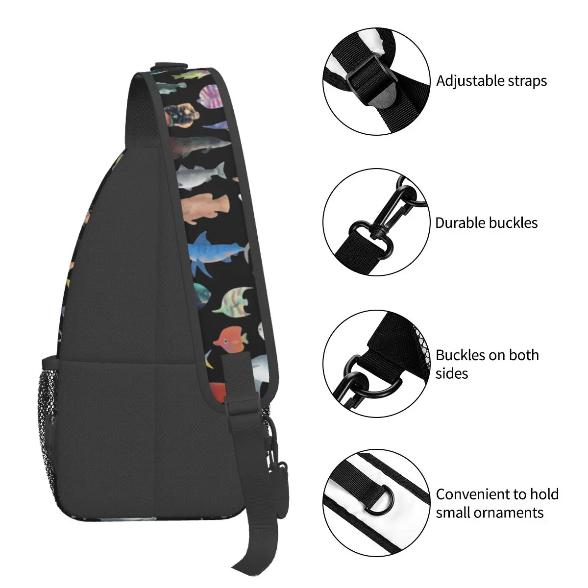 One Hundred Fish Ocean Life Small Sling Bag Chest Crossbody Shoulder Backpack Hiking Travel Daypack Scuba Diving Printed Satchel