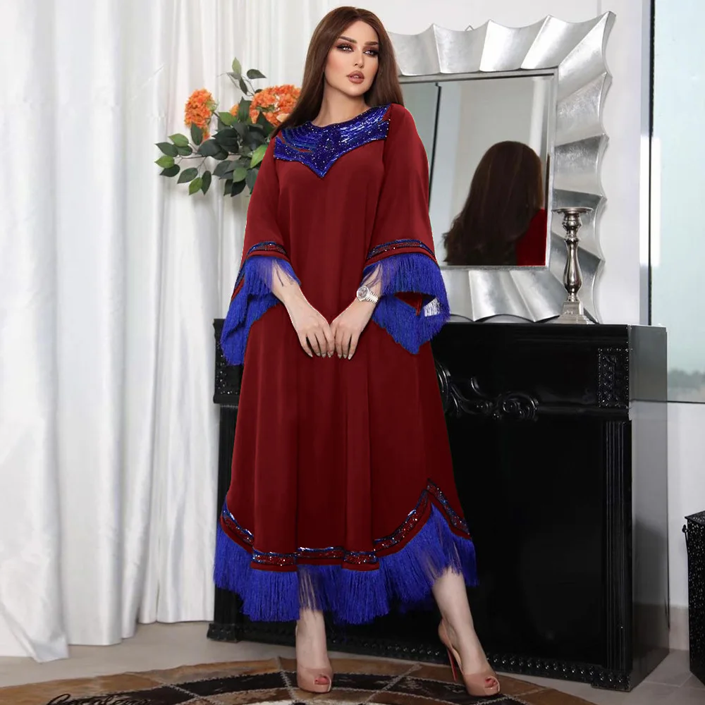 

Xqy500030 Sequined Tassel Cuff Loose Hem Patchwork Dress 2026 Muslim Long Dress Robe Abaya Ramadan Dubai Luxury Islam Elegant