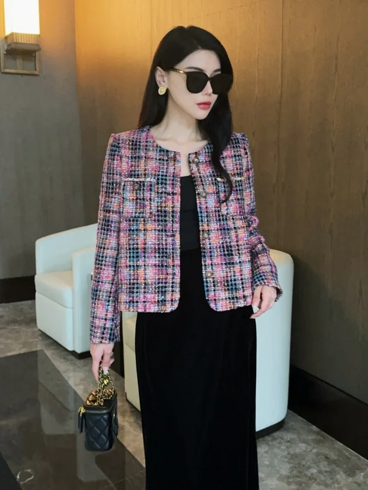 

2024 autumn new French style slim fit short jacket for women, light luxury socialite, single breasted coarse tweed top