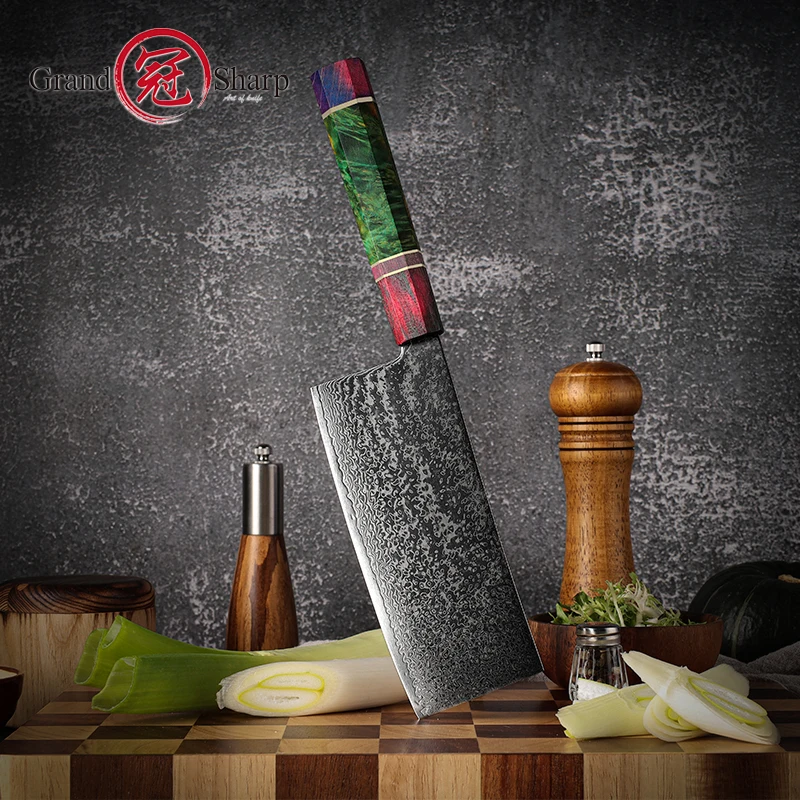 Grandsharp 6.5\'\' Meat Cleaver Knife AUS-10 Japanese Damascus Stainless Steel Kitchen Chef Knives Vegetable Butcher Cooking Tools