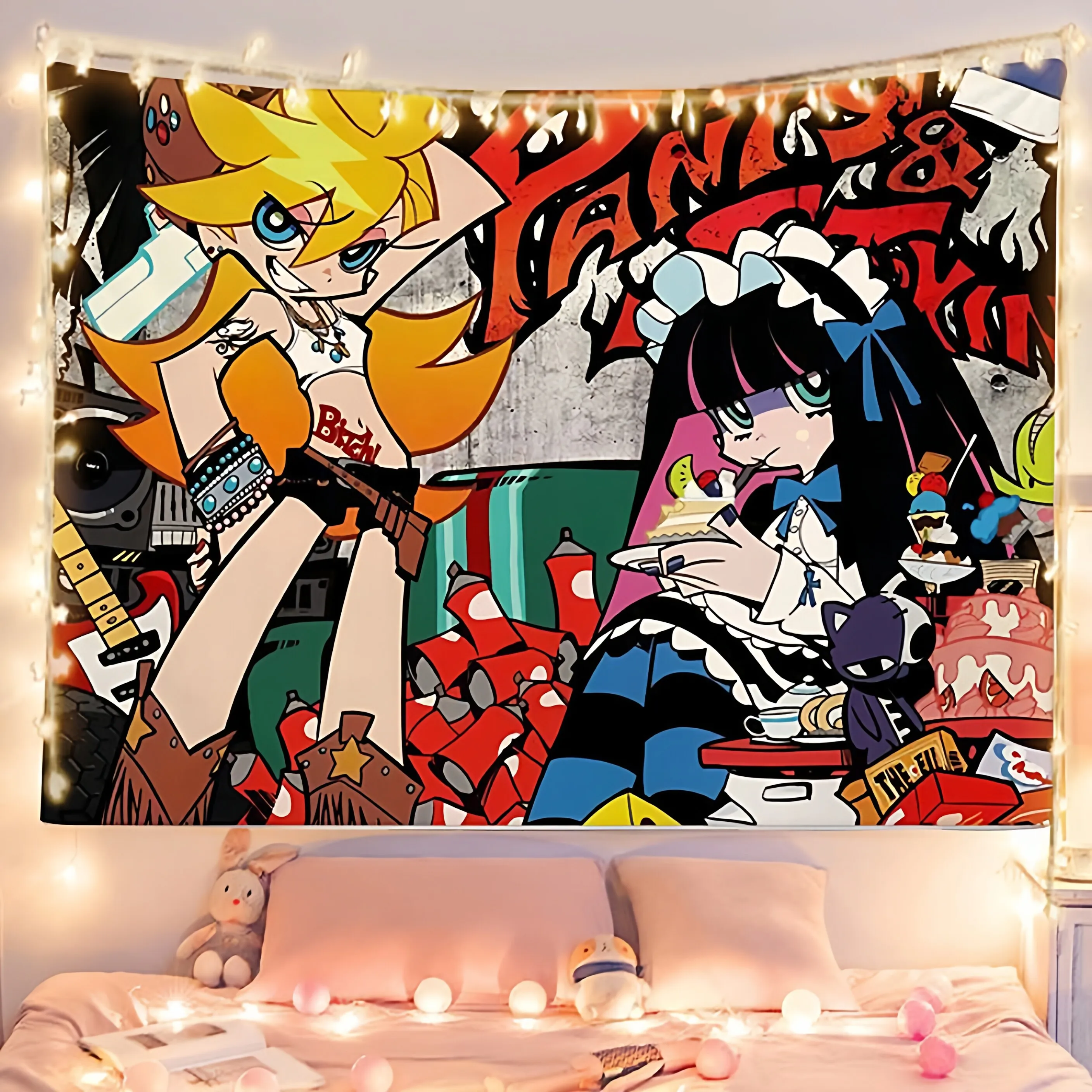 Panty & Stocking with Garterbelt Anime Wall Tapestry Otaku Style Dormitory Bedroom Headboard Decorative Hanging Artwork