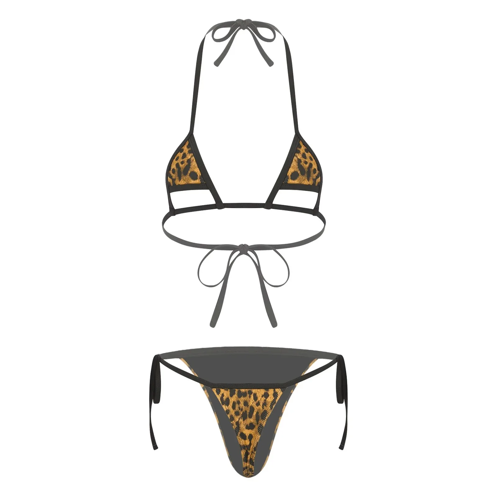Womens Brazilian Micro Mini Bikini Swimsuits Two Pieces Swimwear Tie-up Leopard Print Triangle Hollow Out Bra Top with Thong Set