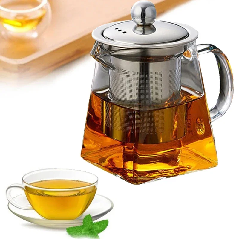 Square Heat Resistant Glass Teapot With Stainless Steel Infuser Filter Puer Tea Kettle Clear Glass Tea Pot Cup Tea Sets