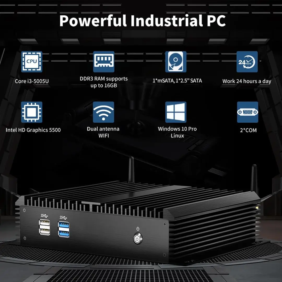 Fanless อุตสาหกรรม PC Core I7 5500U I5 4200U I3 5005U 2955U Dual LAN 2 x COM 6 x COM HDMI VGA WiFi Win10 ทนทานคอมพิวเตอร์