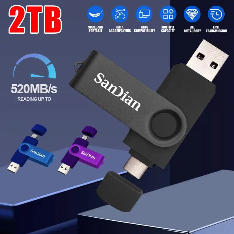 SanDian-Pen Drive Usb 3,0 de 2TB, unidades Flash USB de 1TB, 512GB, Metal tipo C, OTG, alta velocidad, resistente al agua, 128GB