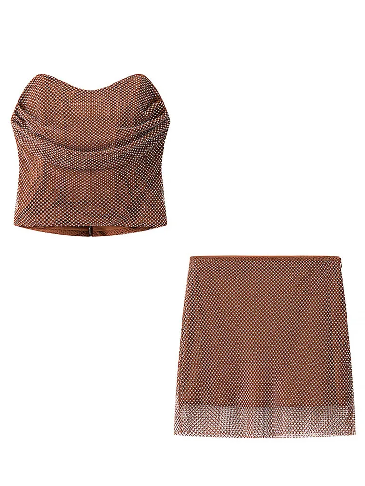 

HH Summer Women Skirt Suit Rhinestone Sleeveless Pleated Strapless Sexy Top+Elegant A-line Side Zipper Lining Mini Skirt