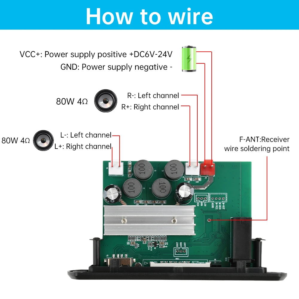 Carte de décodage Audio Bluetooth DC 6 ~ 24V, Module de lecteur Audio MP3 2x80W, carte amplificateur stéréo double canal, karaoké pour voiture