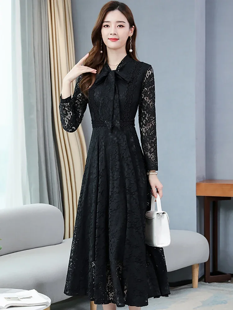 

Autumn Winter Pink Lace Hook Flower Hollow Long Dress Fashion Chic Bow Collar Luxury Dress Women Vintage Party Night Dress L245