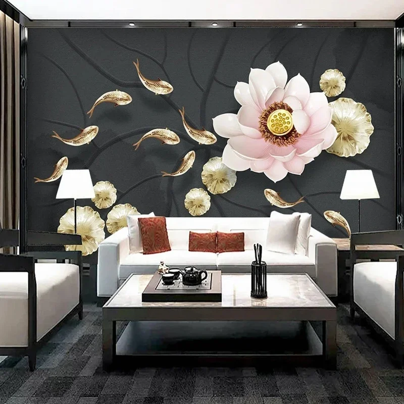 Chinese Style 3D Relief Lotus Flowers Fish Black Mural Wallpaper for Bedroom Living Room TV Background Wall Painting Custom Size