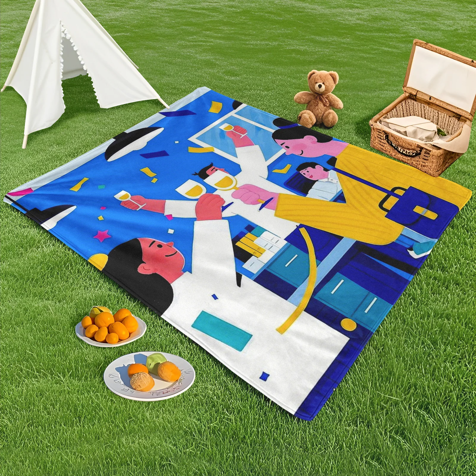 Manta caprichosa de picnic con personajes de dibujos animados para reuniones al aire libre y diversión familiar con un diseño vibrante