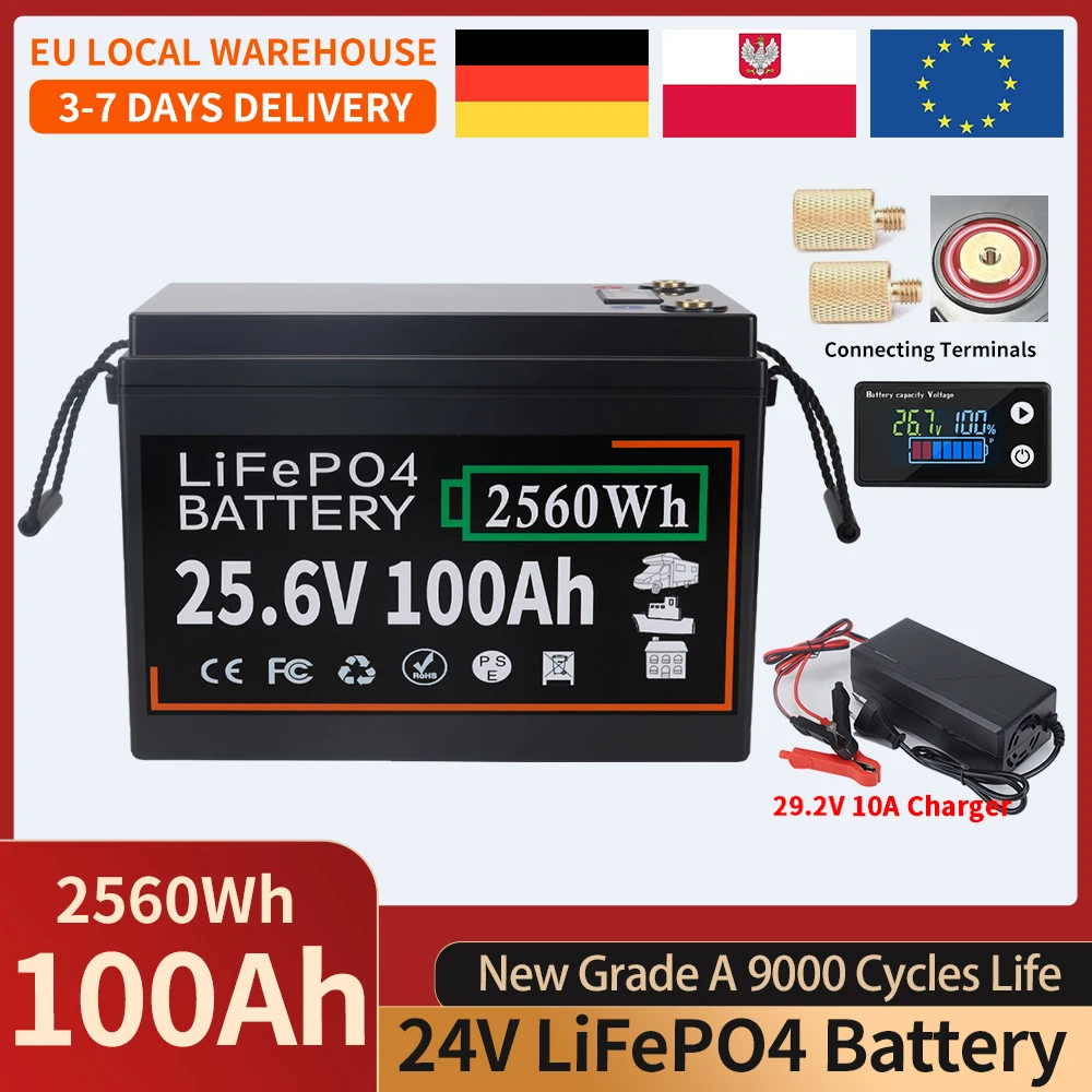 Batterie LiFePO4 au phosphate de fer et de lithium 12V 24V 100AH 200AH 300AH avec BMS intégré, 9000 cycles, pour camping-car, voiturette de golf, stockage solaire