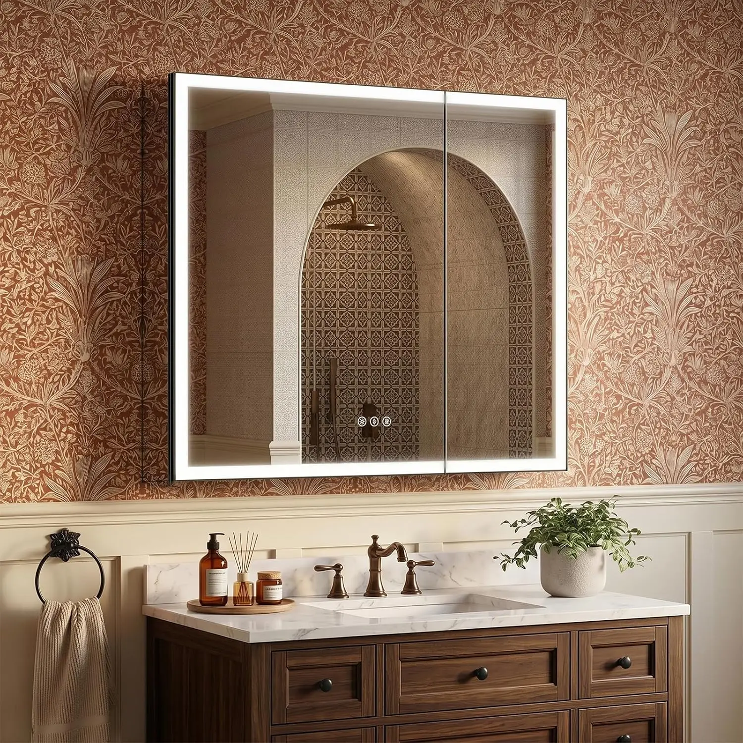 36x32 LED Bathroom Medicine Cabinet, Black Frame, Anti-Fog, 3-Color Dimmable, USB & Outlets, 3 Shelves, Wall Mount, Customized