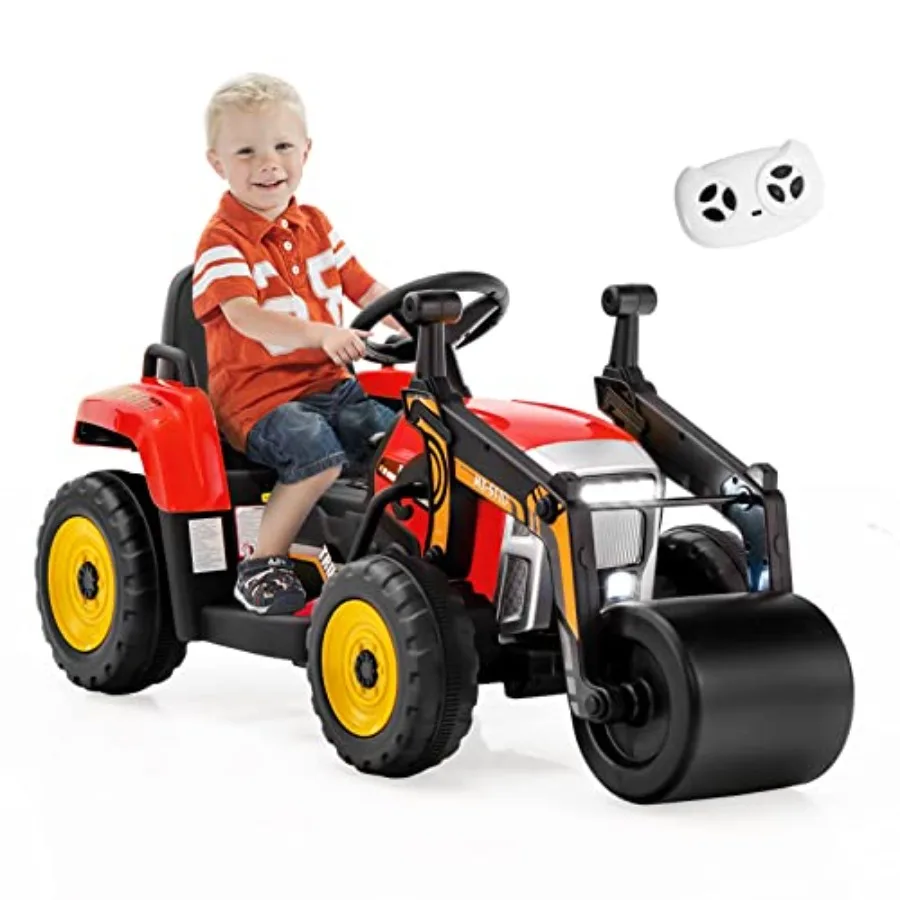 ' electric ride-on road roller for outdoor play, 12V battery-powered tractor with adjustable drum roller, red color, remote con