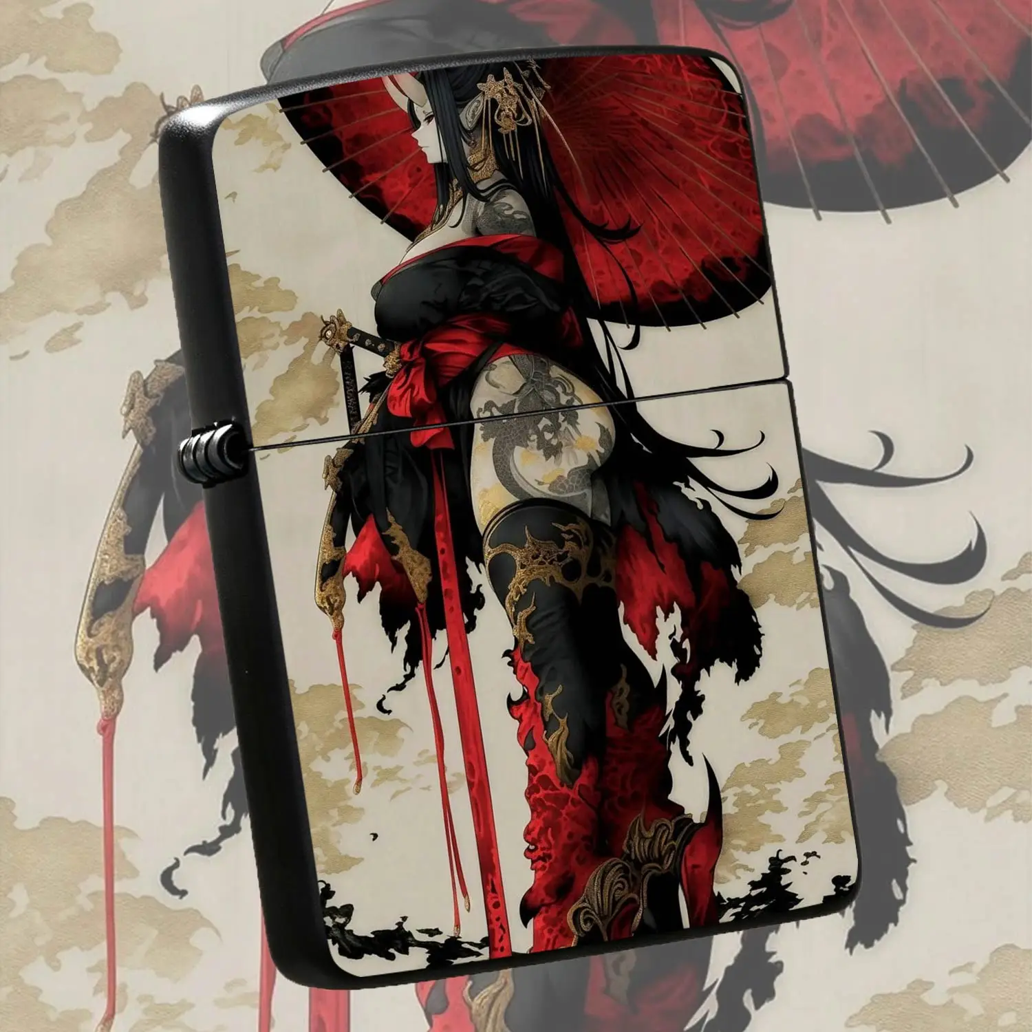 Japanese Oni Samurai Geisha Pattern Lighter Ukiyo-E Style Artistic Portable Igniter Decorative Ornament For Daily Outdoor Use Ideal Exquisite Gift For Friends Art Collectors For All Scenarios A Humorous And Interesting Lighter