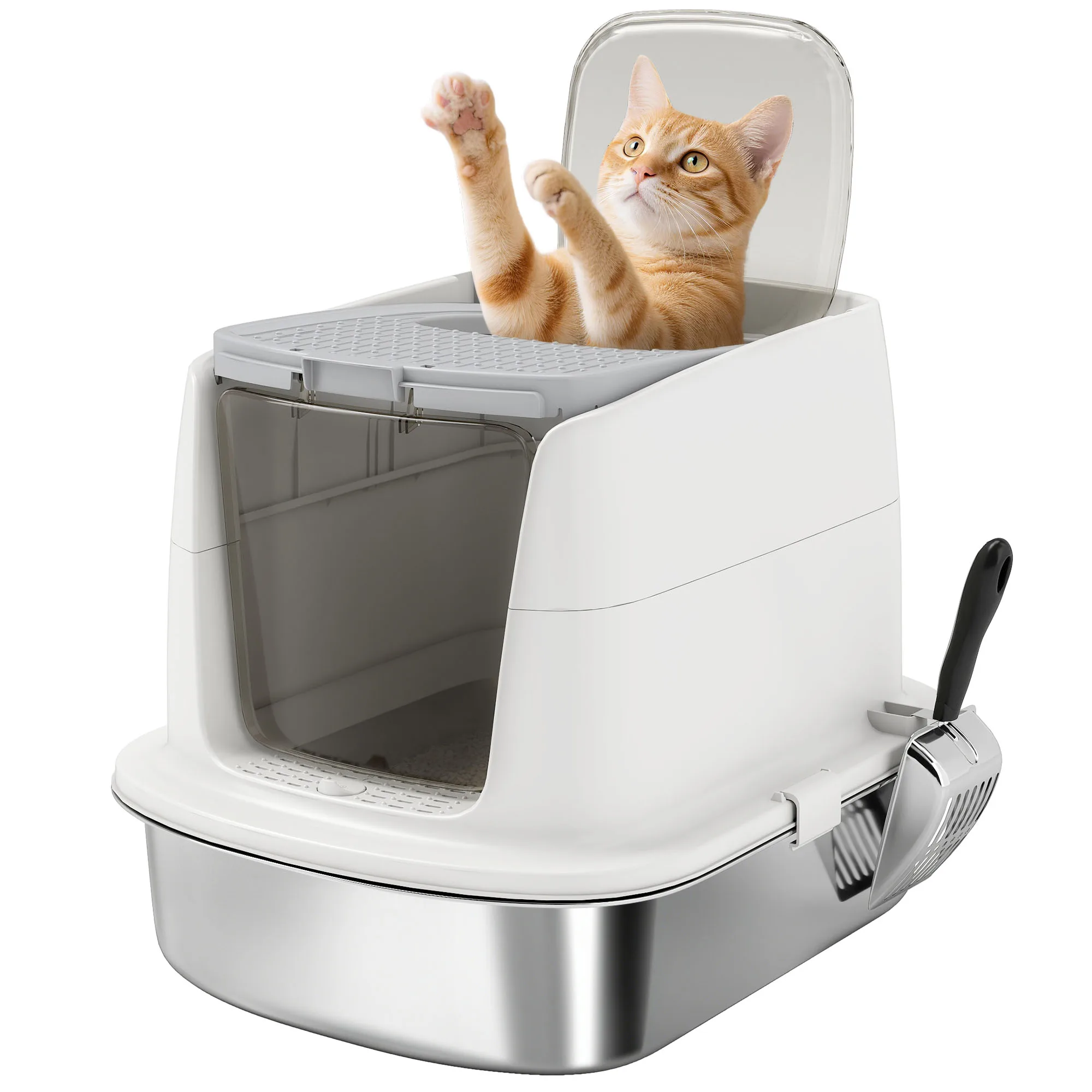 Pawhut RVS kattenbak L met klepdeksel, metalen schep, geurneutraliserende zak, makkelijk schoon te maken, wit