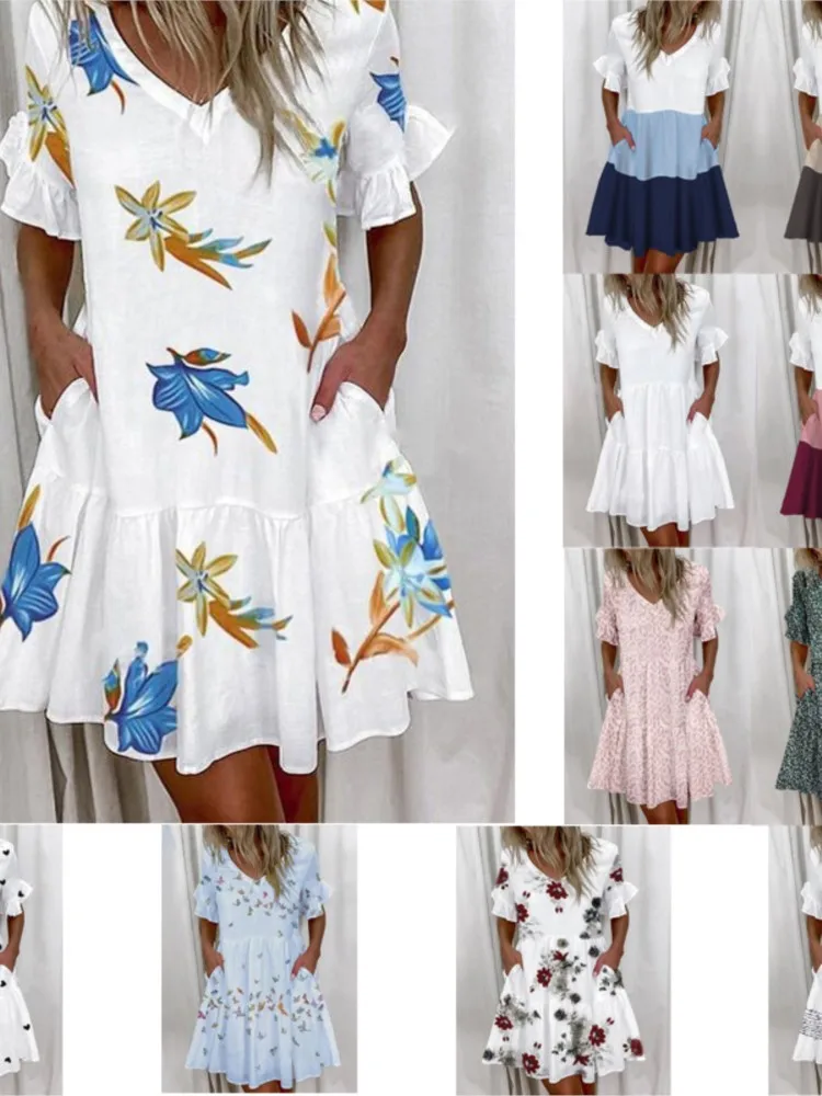 Summer Printed Loose Mini Dresses for Women Ruffles Short Sleeves V-neck Casual Ladies Dress Vacation Beach Vestidos Summer 2024