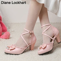 Cross Strap Women High Heels Mary Jane Pumps Party Wedding Cosplay White Pink Black Ruffles Bow Princess Cosplay Lolita Shoes 32