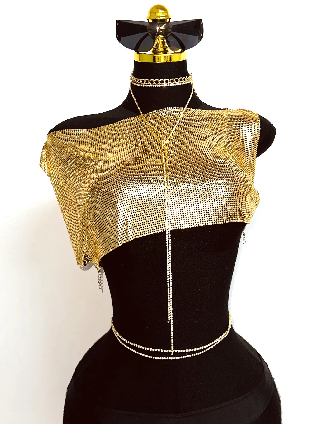 

Sexy Rhinestone One Shoulder Crop Top For Women Sparkle Diamond Mesh Asymmetric Sleeveless Party Club Rave Outfit Festival Wear
