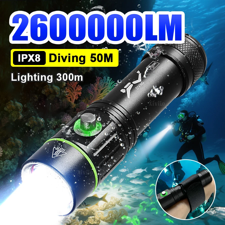 

Профессиональный фонарик для дайвинга 2600000LM IPX8 водонепроницаемый подводный фонарь перезаряжаемый для дайвинга 50 м подводный фонарь для подводного плавания
