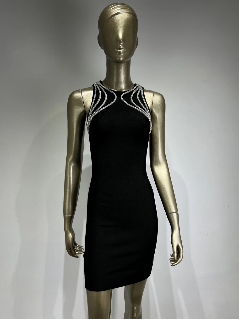 2024 Summer New Women's Black Sexy O-Neck Sleeveless Diamond Chain Tight Bandage Mini Bodycon Celebrity Party Dress