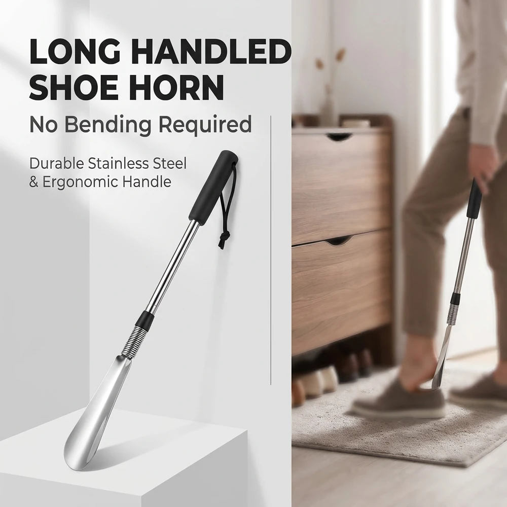 Long Handled Shoe Lift 16 Inches To 31 Inches Adjustable Telescopic - Extendable Stainless Steel Spring Shoe Support