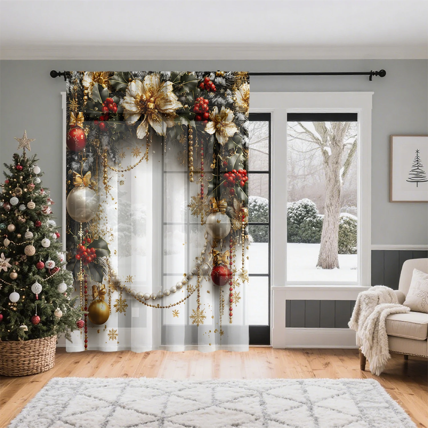 1Pc Christmas Curtain Door Curtain - Christmas Floral Christmas Decoration Design, Lightweight, Breathable, Semi-Transparent 100% Polyester Material, Suitable for Living Room, Bedroom, Home and Office, Machine Washable Holiday Decoration, New Year Party Winter Decoration, Durable Material with No Extra Layers, Holiday Design, Gift Choice
