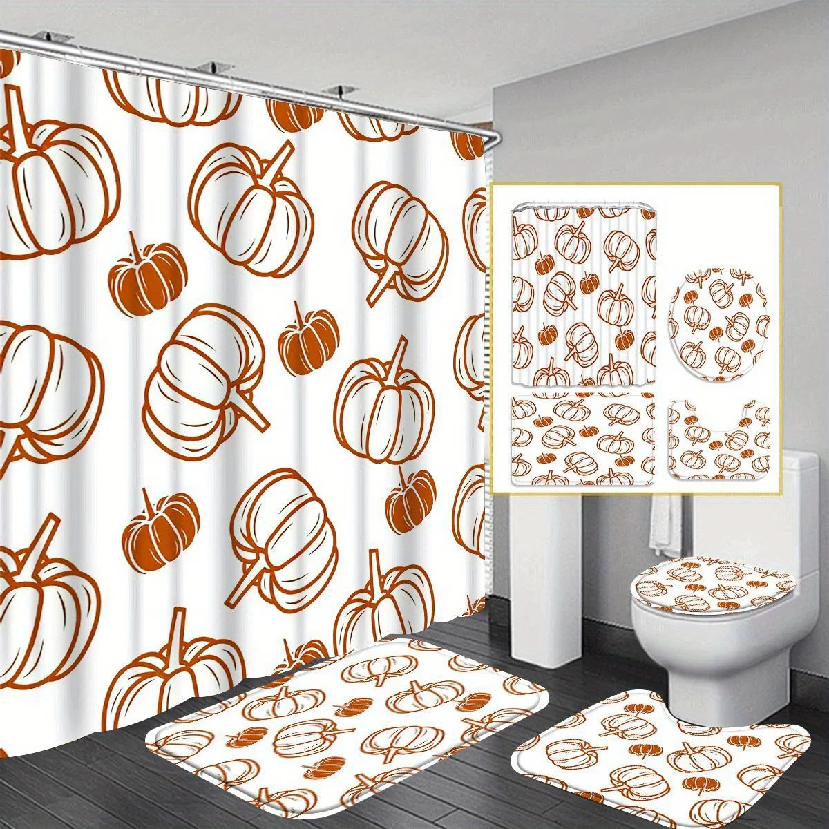 

4pcs Pumpkin Shower Curtain Collection - 12 Hook Shower Curtain with Rug, Toilet Mat and Complete Bathroom Accessory Set for
