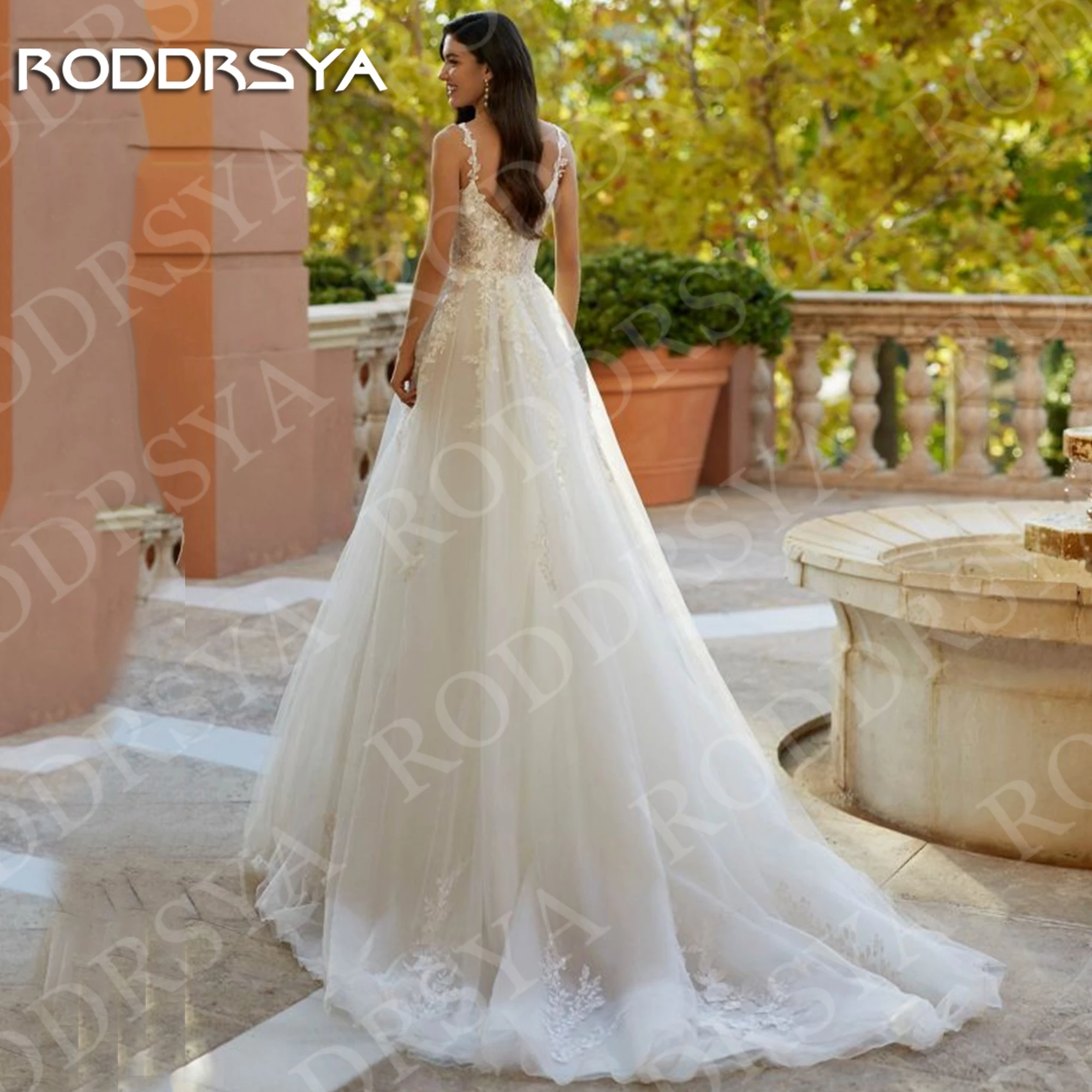 RODDRSYA A Line Wedding Dress Elegant Bohemian Tulle Lace Spaghetti Straps Square Collar Bridal Dresses Customized vestido noiva