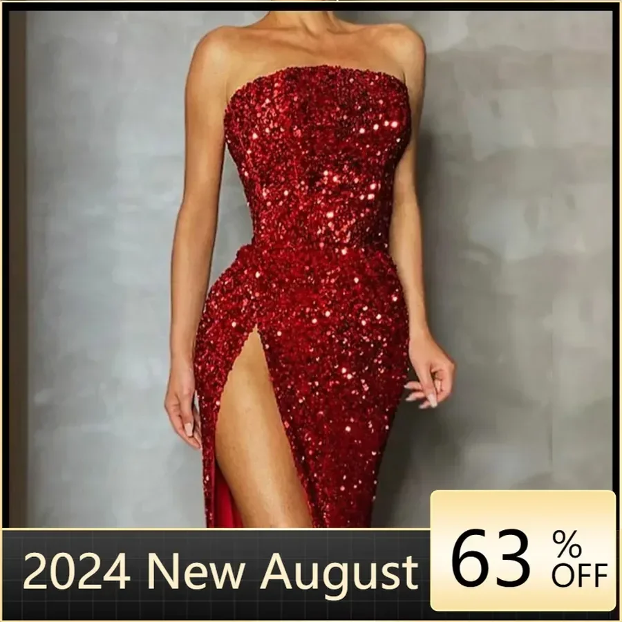 

Strapless High Slit Evening Dress For Women Sexy Sequin Red Dresses Fashion Off Shoulder Female Dress Elegant Gowns Vestidos