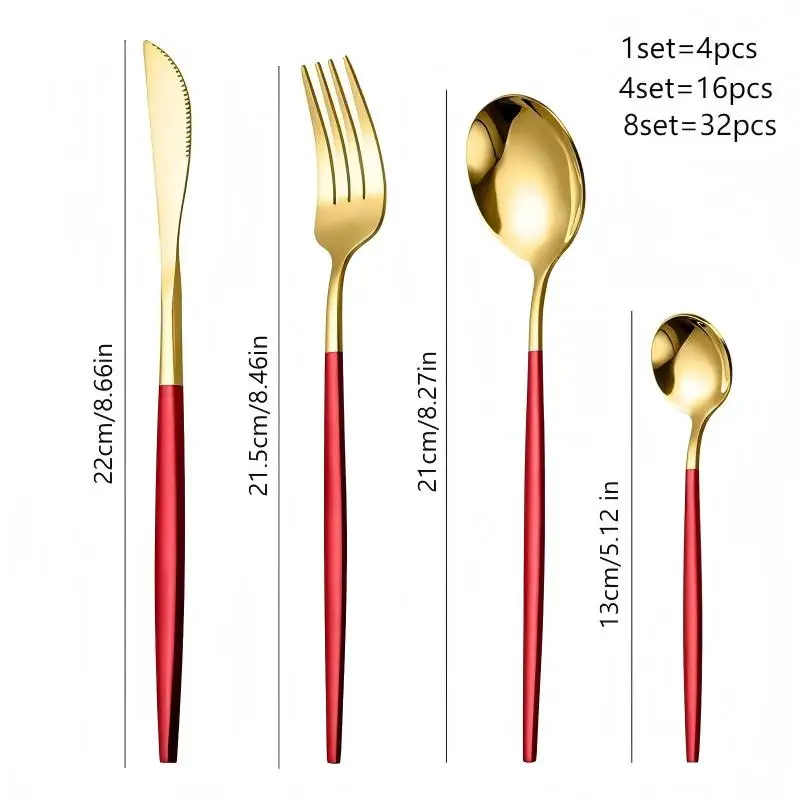 16/4-Piece Gold Rim Dinnerware Set, Black Green Red, Stainless Steel Knife Fork Spoon Cutlery Set for Home Dining