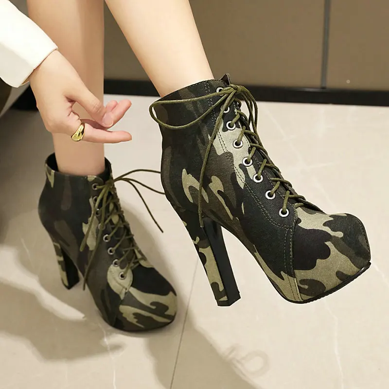 Camouflage Camo Army Green Lace-up Round Toe Hidden Platform Mature Women Pumps Shoes Lace-up Thick High Heels Ankle Short Boots