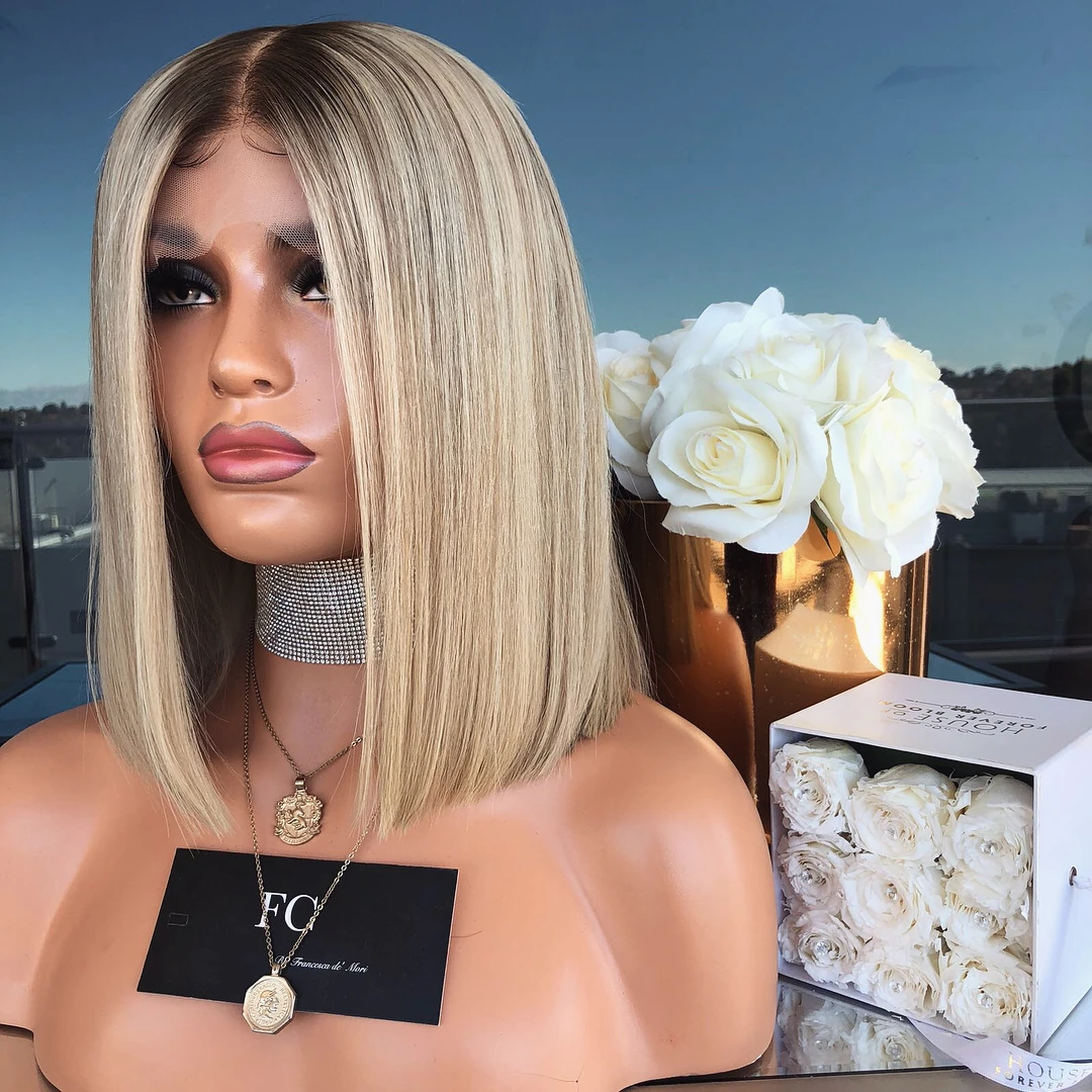 12 Inch Short Ombre Blonde Lace Front Wig Straight Synthetic Hair Highlights Wig Ombre Blonde Glueless Preplucked for Daily Wear