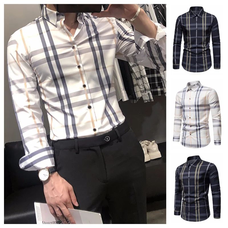 2023 New Men\'s Shirt Stripe Plaid Loose Business Casual High Quality Shirts Black and White long sleeve t shirt men