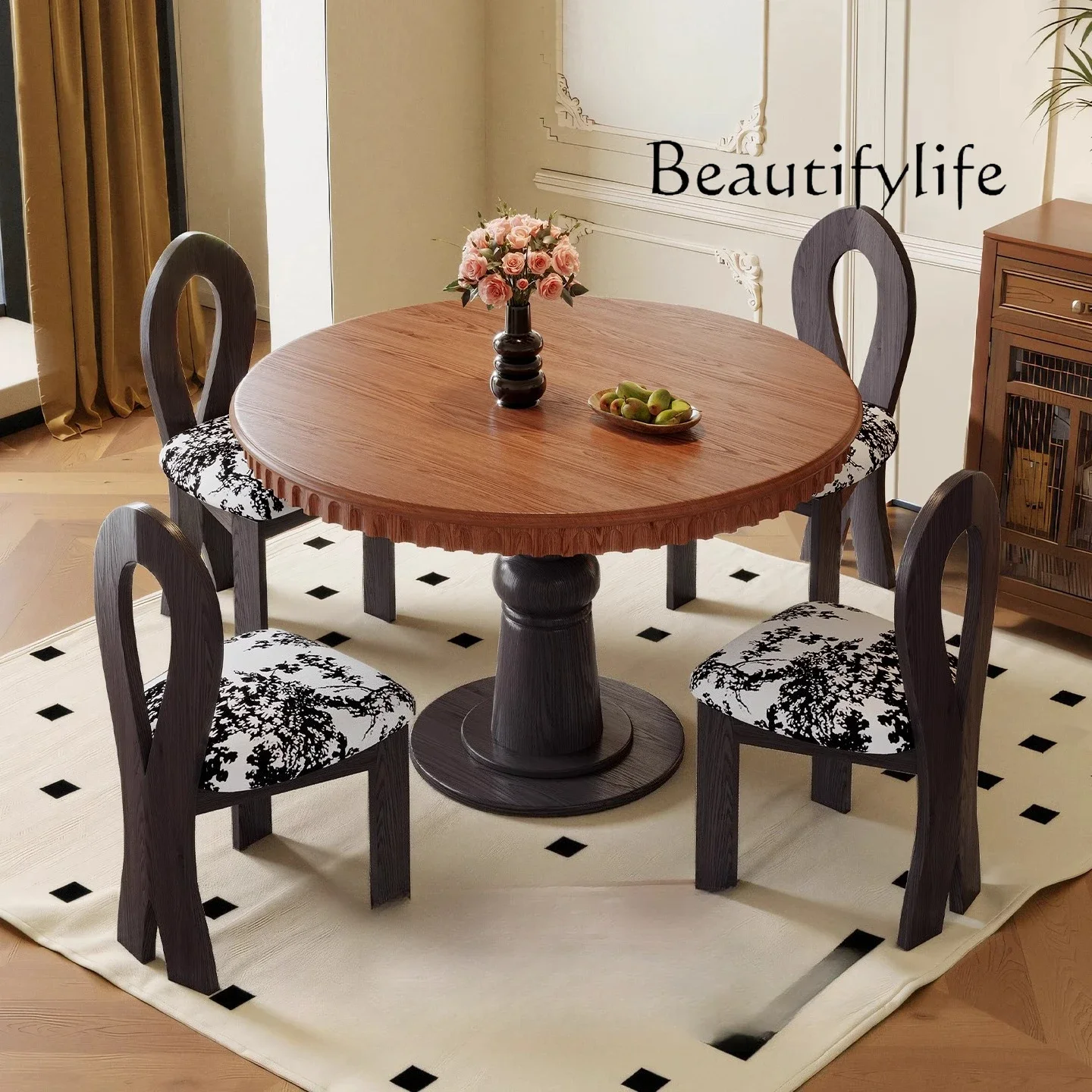 X Round Table Household Retro Style Ash Wood Grain Dining Table And Chairs French Medium And Ancient Style Solid Wood