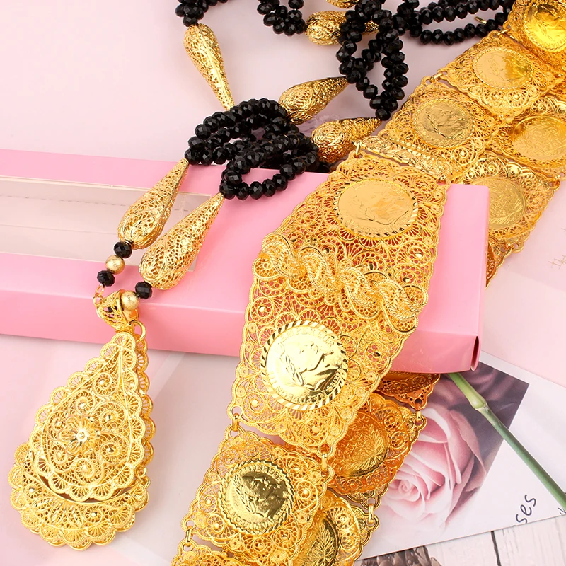 Arabic Bridal Jewelry Set Robe Wedding Accessory Gold Plated Ethnic Muslim Algeria Trajes De Mujer Conjunto 2 Piezas Elegantes