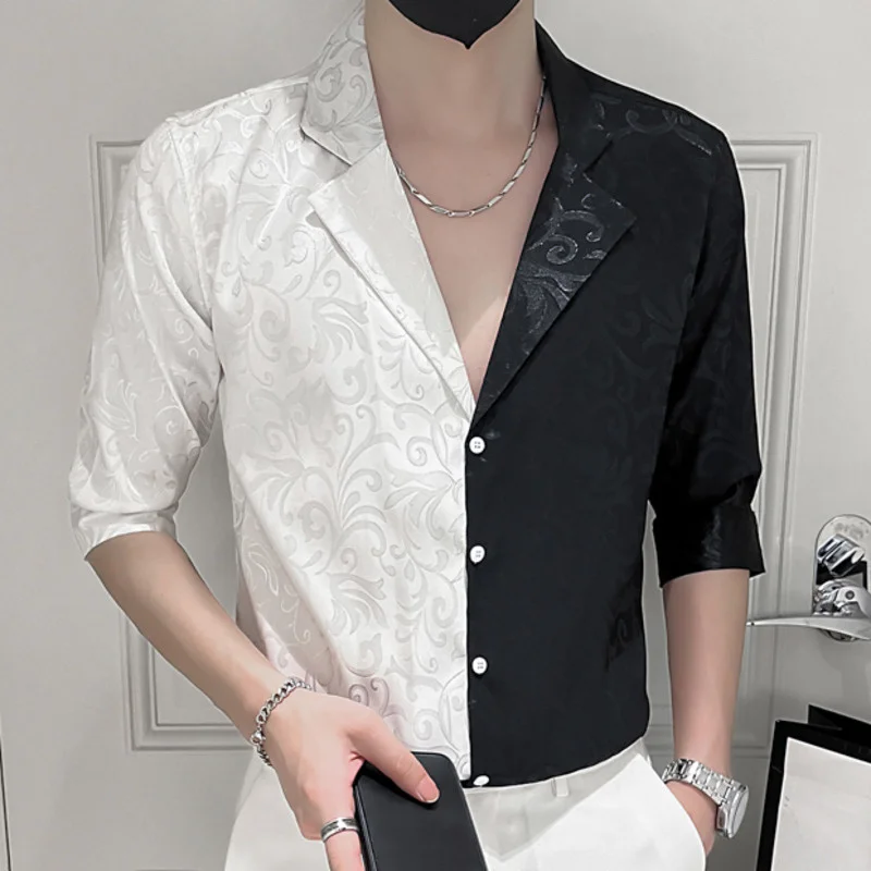 

Shirt Golden Stitching Men's Sexy V Collar Half Sleeve Casual Shirt 2023 Spring Social Business Formal Dress Shirts Party Tuxedo
