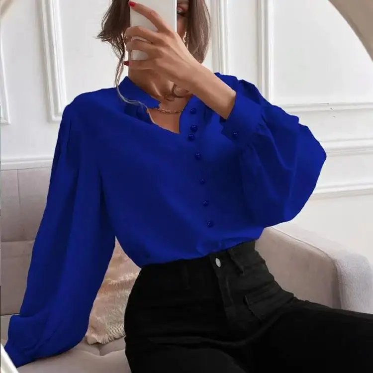 

Women's Long Sve irt Collar Single Row Top Polyester Fiber Non-Sinking Regular Thin Winter Pure Color Splice