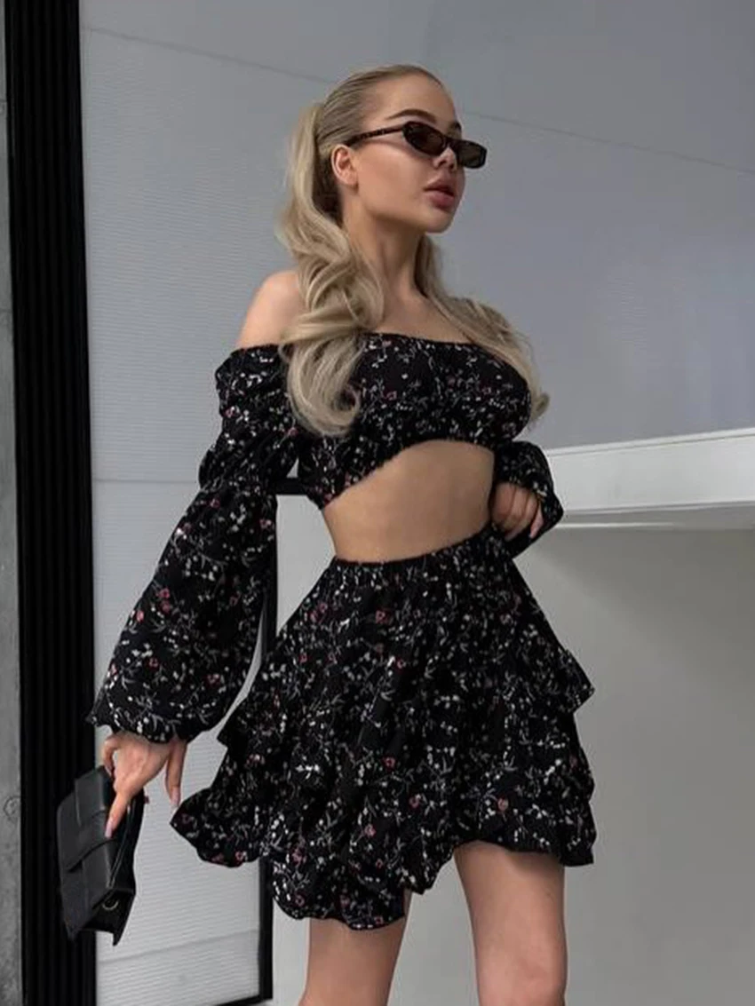 Marthaqiqi Printing Female Nightgowns Suit Long Sleeve Pajamas Slash Neck Nightie Crop Top Sleepwear Skirts Casual Nightwear Set