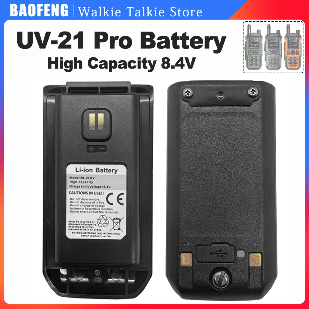 BAOFENG-UV-21 Pro Walkie Talkie Li-ion Battery, alta capacidade, suporte de carregamento tipo C, rádios bidirecional, peças extras, BL-21UV, UV-21 Pro