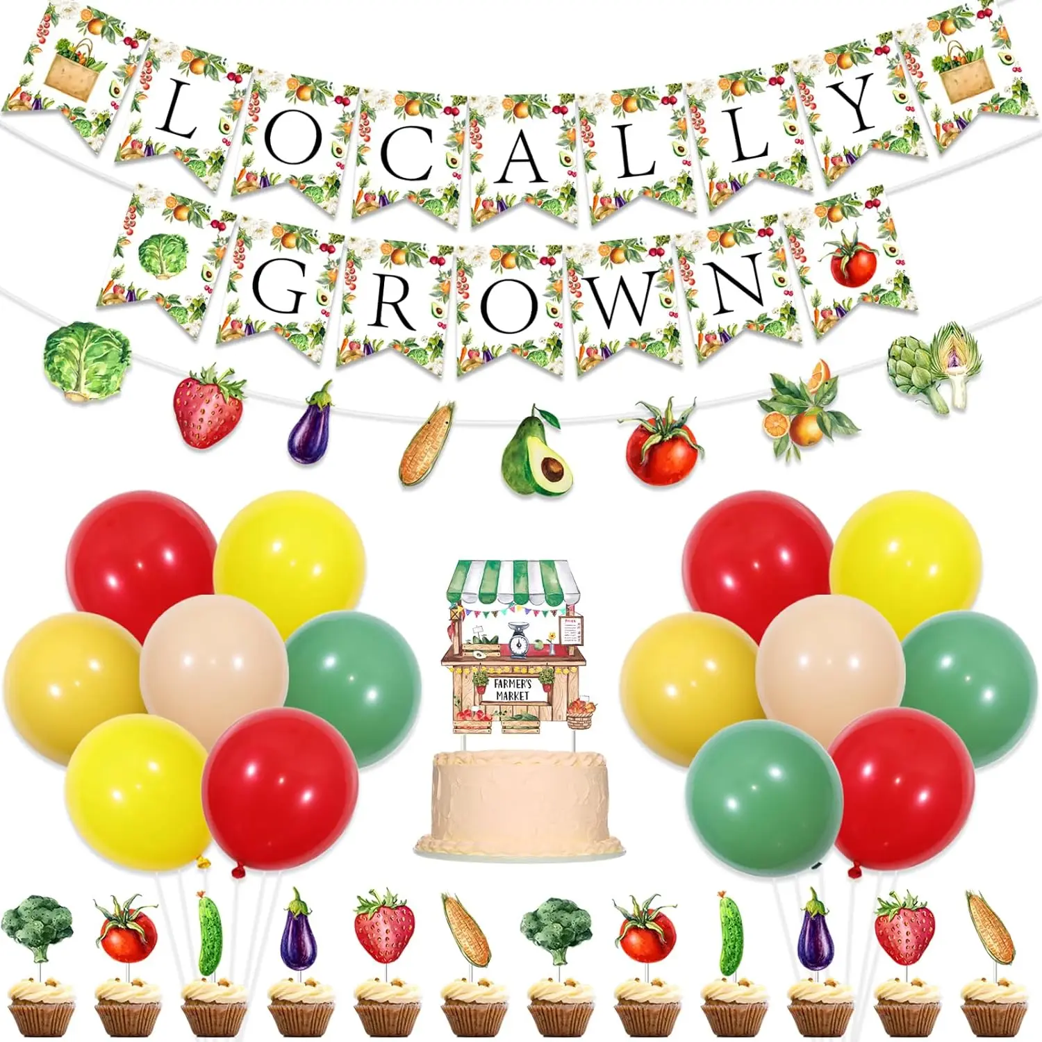 

Locally Grown Baby Shower Decor Balloons Fruit Vegetables Cupcake Toppers, Farmer’s Market Gardener Party Supplies