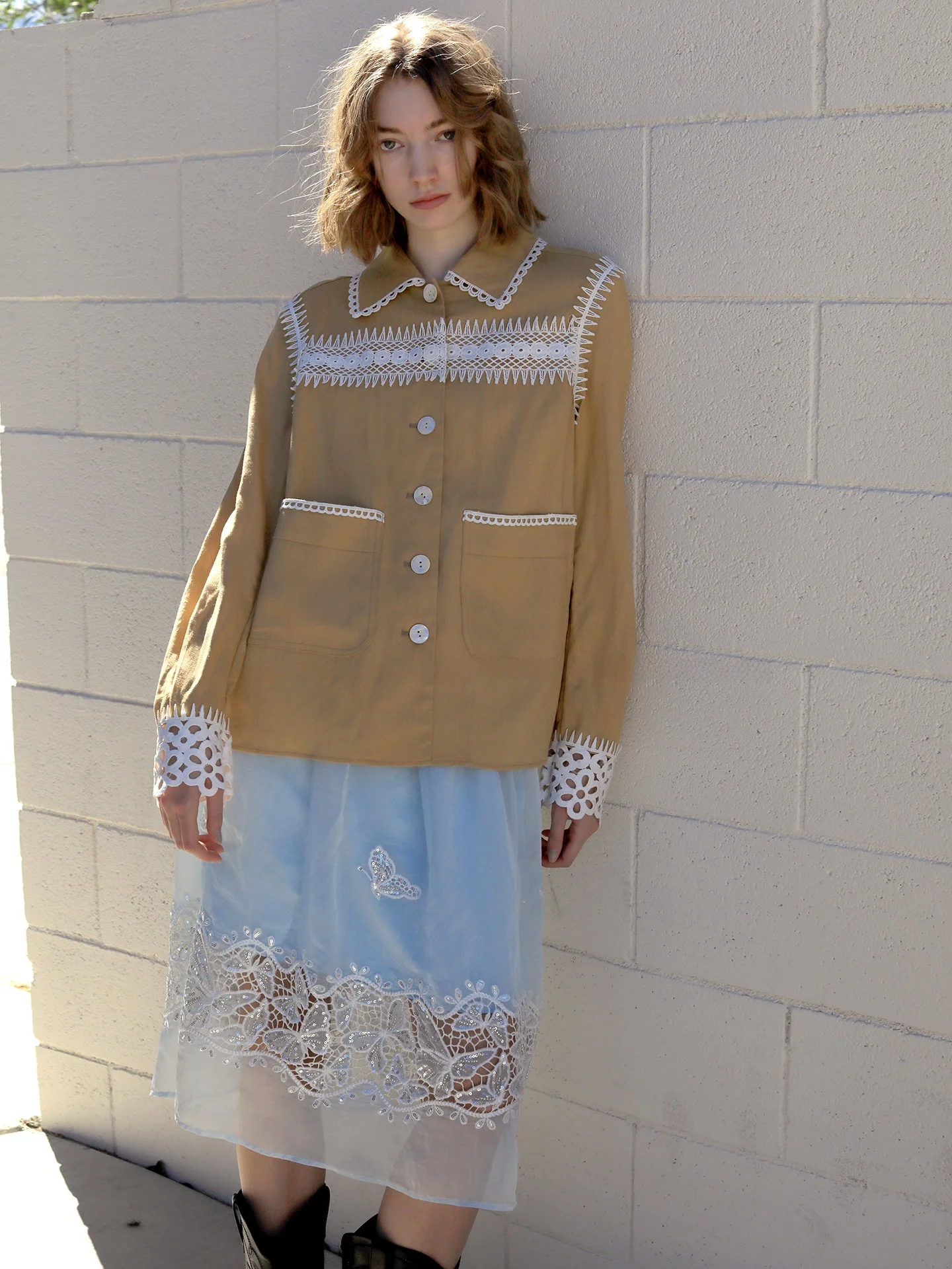 

Raynag Linen Lace Trim Shirt Jacket Women's Commute Style Loose Fit Long Sleeve Classic Collar Outerwear New Arrival